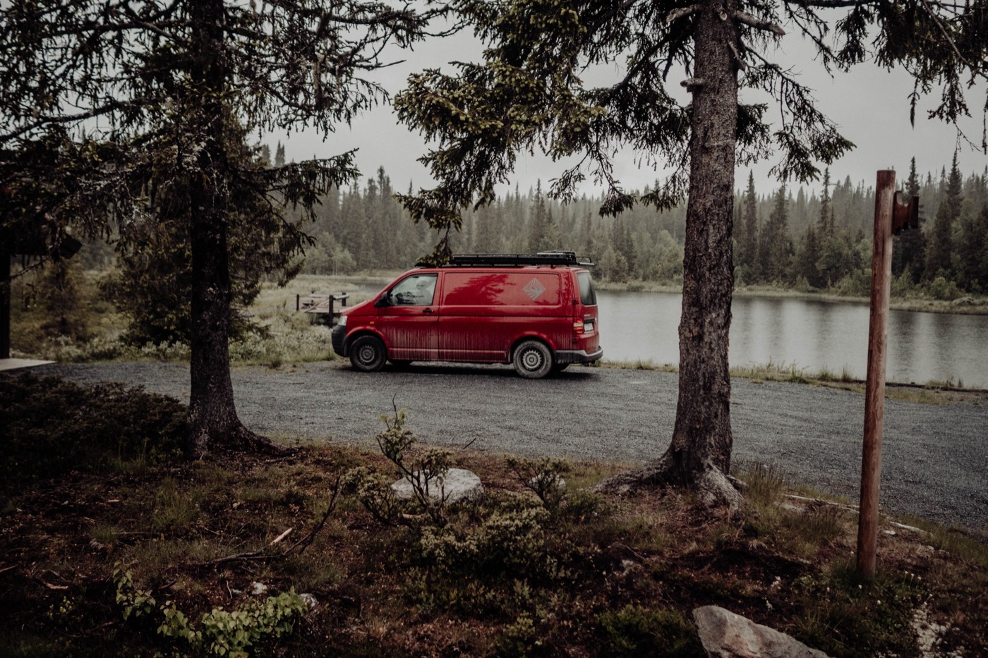 Roter VW T5 mit Dachträger am Seeufer, eingerahmt von Nadelbäumen